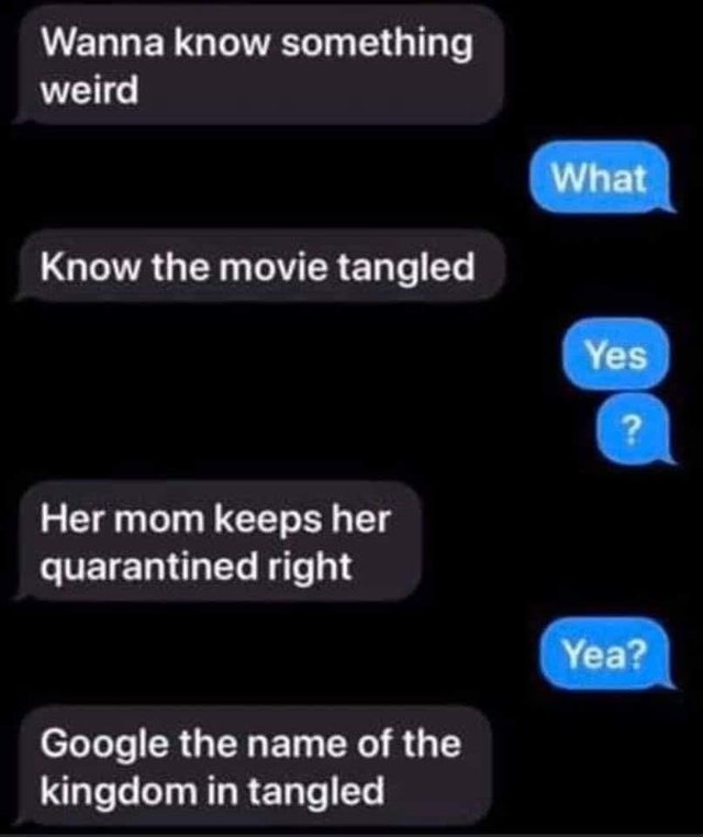 Image may contain: possible text that says 'Wanna know something weird What Know the movie tangled Yes Her mom keeps her quarantined right Yea? Google the name of the kingdom in tangled'