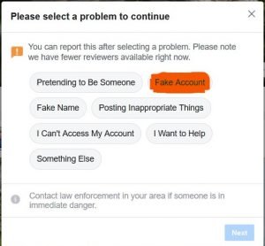 reporting account on Facebook