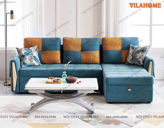 Sofa giường màu xanh bọc nỉ sang trọng, đóng theo kích cỡ yêu cầu