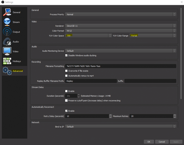 Gaming PC OBS YUV Color Space and Range Settings