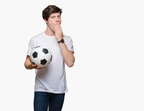 Young Man Holding Soccer Football Ball Isolated Background Cover Mouth — Stock Photo, Image