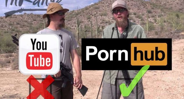 video screenshot of guys with guns and the text "YouTube" with an X and "PornHub" with a check mark.