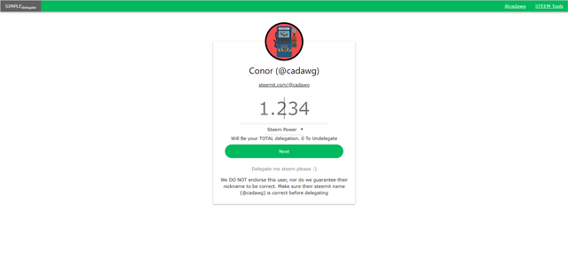 Screenshot of the simple STEEM delegation tool.