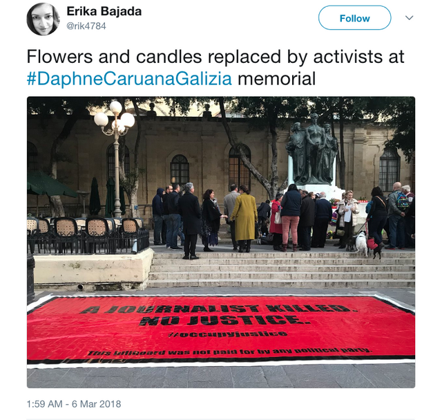 Erika Bajada on Twitter   Flowers and candles replaced by activists at  DaphneCaruanaGalizia memorial…  .png