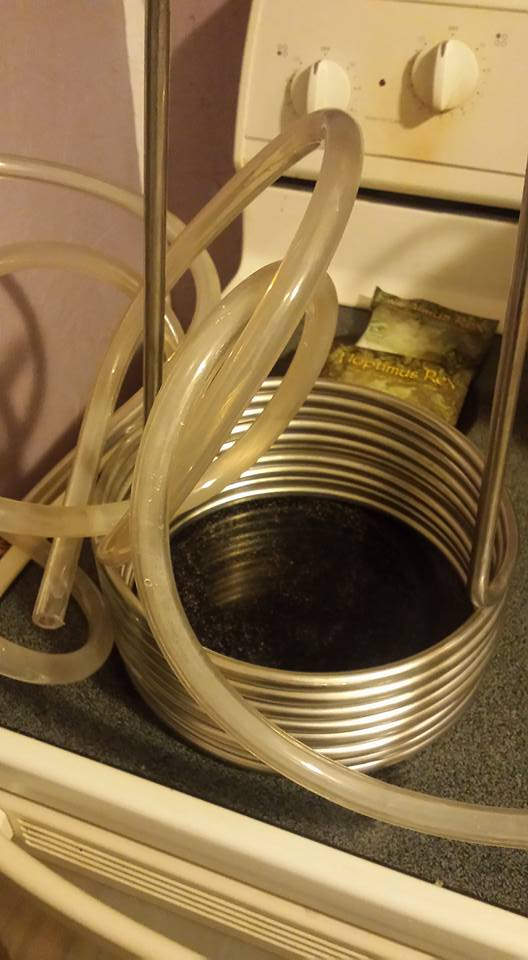 A wort chiller - a coil of metal tubing