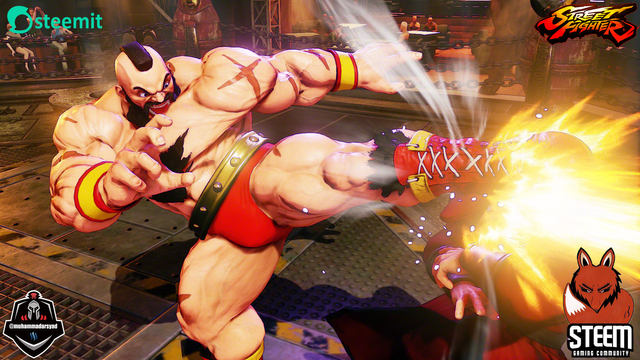 Zangief flexing his muscles in the ring