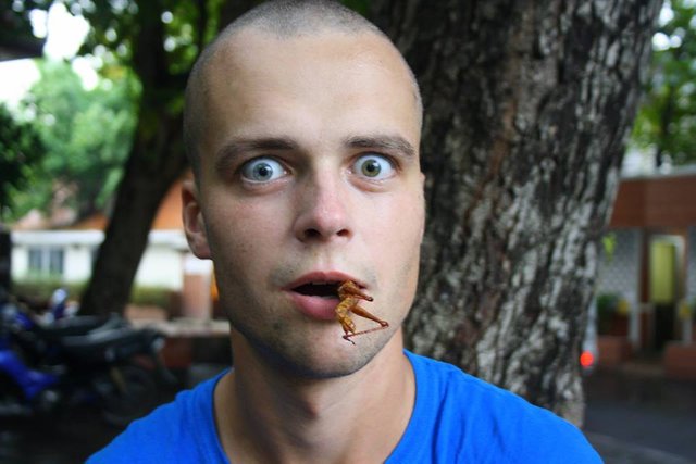 lithuanian eating grasshopper in bangkok thailand.jpg