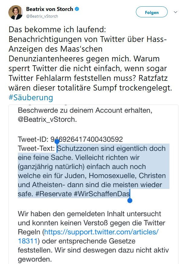 Beatrix von Storch auf Twitter   Das bekomme ich laufend  Benachrichtigungen von Twitter über Hass Anzeigen des Maas‘schen Denunziantenheeres gegen mich. Warum sperrt Twitte… https   t.co vCVtfffpkn .jpg