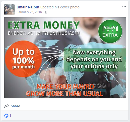 Umair promoting MMM-Global on facebook