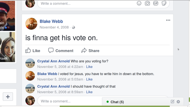 2008-11-04 BLAKE WEBB vote JESUS not OBAMA and CRYSTAL was like ok i should have thought of that BUT BAD ADVICE vote for somebody who can win and help them early on to win.png