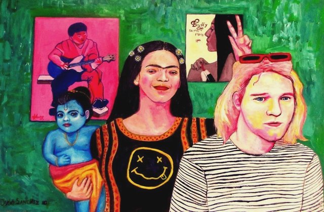 Krishna, Frida y Kurt frente a un cuadro de Buffy Sainte Marie y un cuadro de Francisco Hung. 2011. . Acrilico sobre MDF.jpg