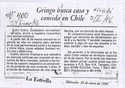 Blurb in <i>La Estrella</i> (The Star) of Valparaíso in January 1996 alerting people to the fact that the "<i>gringo loco</i>" was going to arrive.jpg