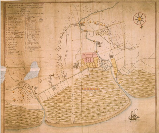 Kaart van Semarang en omstreken, benevens aanwysing van 's Comp.s en 's vyands werken, alsmede 's comps leger en vyands vlugt gecommandeert en chef door commandant Gerrit Mom anno 1741.jpg