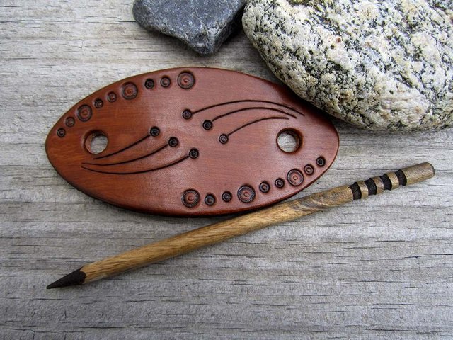 Abstract Leather Barrette with Wooden Stick Tooled 1f.jpg