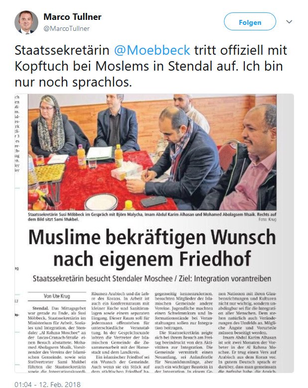 Marco Tullner auf Twitter   Staatssekretärin  Moebbeck tritt offiziell mit Kopftuch bei Moslems in Stendal auf. Ich bin nur noch sprachlos.…  .jpg