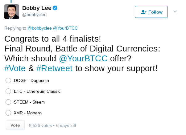 Bobby Lee on Twitter    YourBTCC Congrats to all 4 finalists  Final Round  Battle of Digital Currencies  Which should  YourBTCC .png