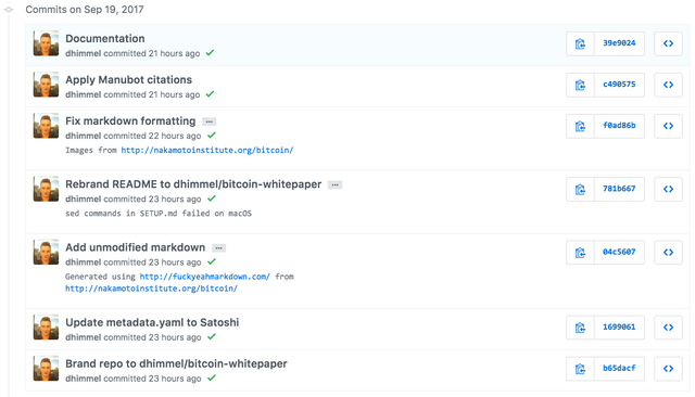 Screenshot of the dhimmel/bitcoin-whitepaper commit history