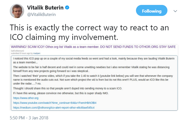 Vitalik Buterin on Twitter   This is exactly the correct way to react to an ICO claiming my involvement  https   t co v5Sw0N51l3 .png