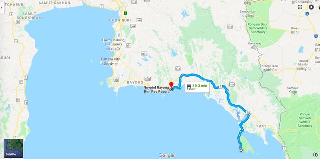 Map from Rayong to Koh Chang
