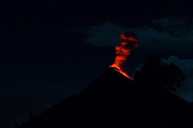 Volcano Fuego erupting at night