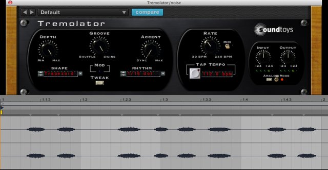 White noise being modulated with Tremolator, using a trapezoid signal synchronized to dotted 16th notes.