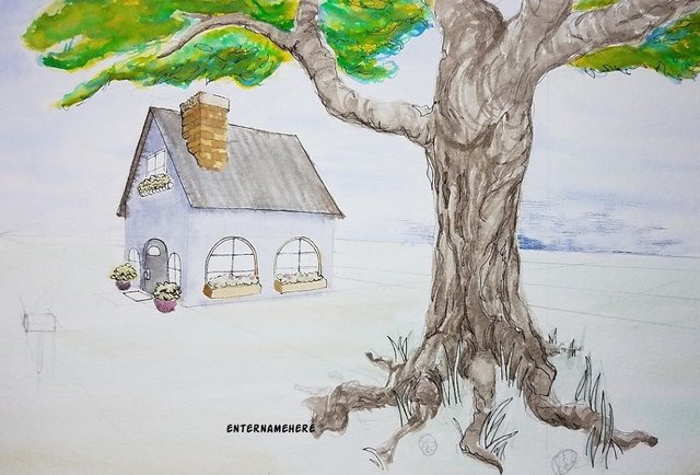 enternamehere-steemit-AMScribbles-day3-house-tree-perspective-watercolor-ink.jpg