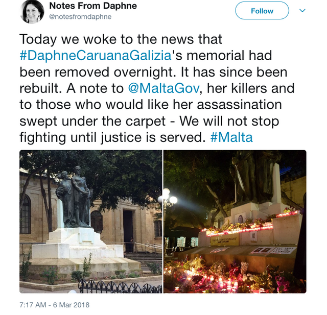 Notes From Daphne on Twitter   Today we woke to the news that  DaphneCaruanaGalizia s memorial had been removed overnight. It has since been rebuilt. A note to  MaltaGov  her killers and to those who would like her assa.png