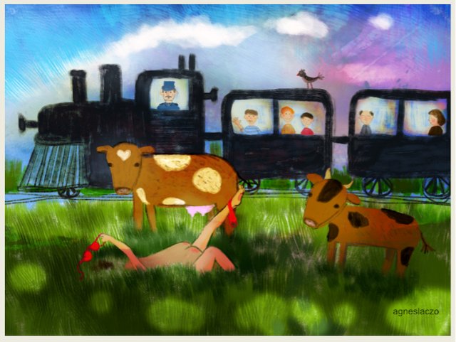 agnes laczo mese rajz grafika illusztracio vonat train cow boci illustration funny cute.jpg