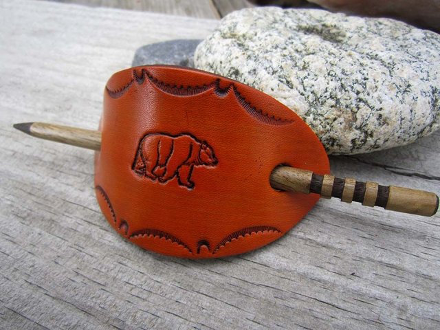 Bear Leather Barrette with Wooden Stick Tooled 2c.jpg