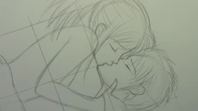 anime couple kissing drawing