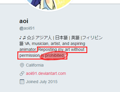 aoi's Twitter says "Reposting my art without permission is prohibited."