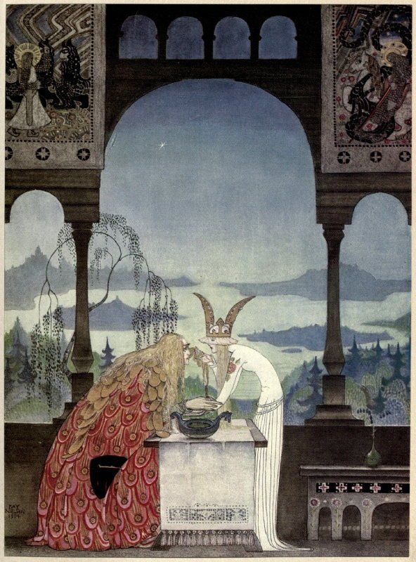 Kay_Nielsen_-_East_of_the_sun_and_west_of_the_moon_-_the_three_princesses_of_whiteland_-_the_King_went_into_the_Castle_and_at_first_his_Queen_didnt_know_him.jpg