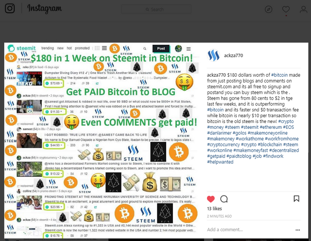 so far and it has barely been 1 minute since i posted this to my instagram using tags like bitcoin and makemoneyonline and workathome etc etc - instagram fb market