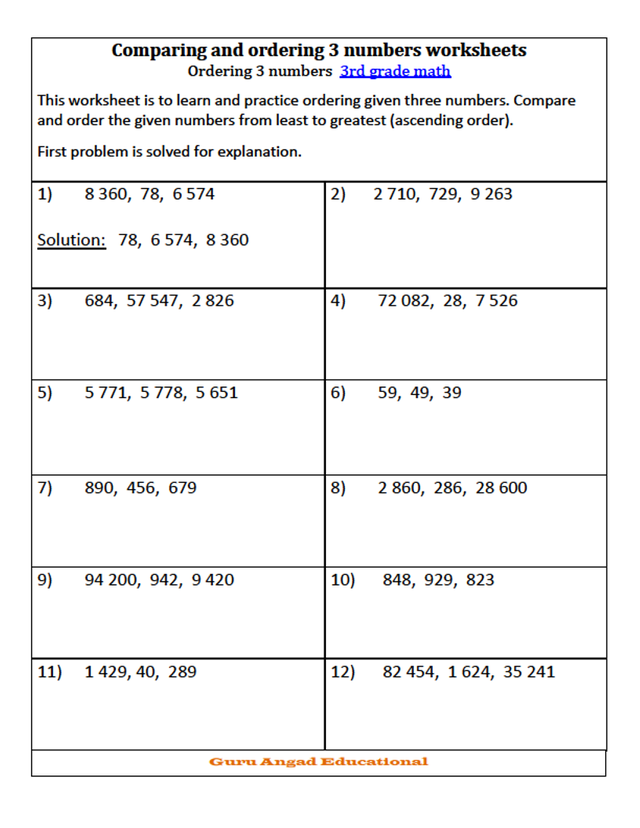 Comparing Numbers Worksheets Grade 3