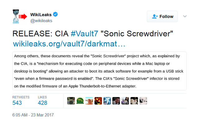 WikiLeaks on Twitter   RELEASE  CIA  Vault7  Sonic Screwdriver  https   t.co pgnfeODXVB https   t.co 18BcVdqkqd .png
