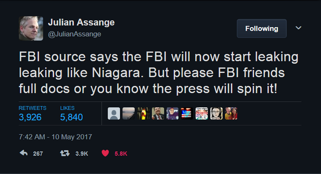 Julian Assange on Twitter   FBI source says the FBI will now start leaking leaking like Niagara. But please FBI friends full docs or you know the press will spin it  .png