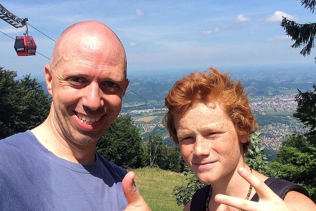 Selfie of Valentin Rozman and his friend from Pohorje with Maribor city in the background