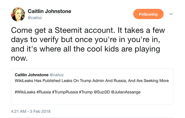 Caitlin Johnstone on Twitter   Come get a Steemit account. It takes a few days to verify but once you re in you re in  and it s where all the cool kids are playing now.… https   t.co VfSrR0yrdX .png