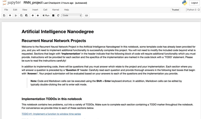 Recurrent Neural Network project notebook start page