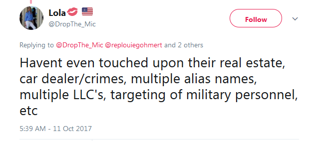 Lola💋 🇺🇸 on Twitter    replouiegohmert  RepDeSantis  Jim_Jordan Havent even touched upon their real estate  car dealer crimes  multiple alias names  multiple LLC s  targeting of military personnel  etc .png