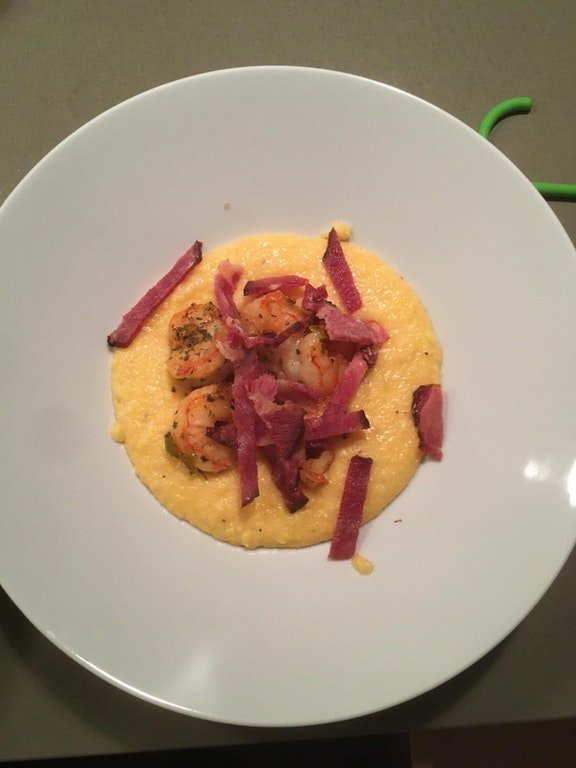 My Sister Made At Home shrimp and cheesy grits with European bacon.jpg