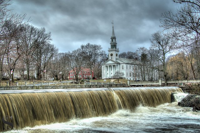 Duck pond falls and church March 2014 moody.jpg