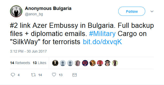 Anonymous Bulgaria on Twitter    2 link Azer Embussy in Bulgaria. Full backup files   diplomatic emails.  Military Cargo on  SilkWay  for terrorists https   t.co fk4Tb6kOvL .png