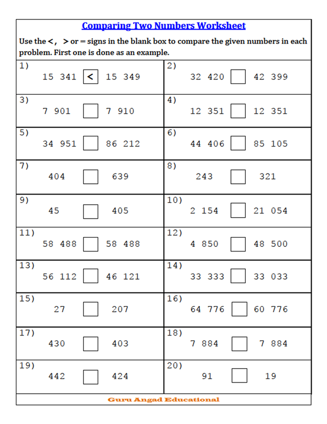 Comparing Numbers Worksheets K5 Learning Free Comparing Numbers 