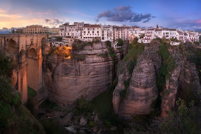 Panorama of Puente Nuevo Bridge and Ronda Skyline in the Evening, Andalusia, Spain.jpg