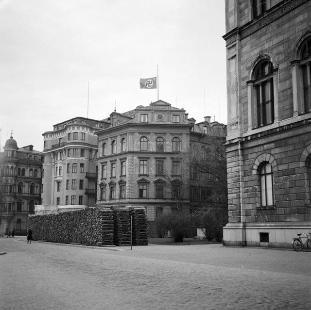 The German embassy in Sweden flying the flag at half mast the day Hitler died, April 30th 1945 1.JPG