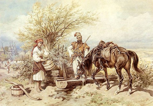 Kozak horse napowaw, Dziuba took water. 1889 watercolor.jpg