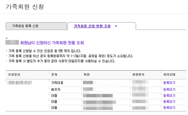 가족회원 신청현황