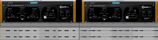 Comparison of two different modulating signals. Left: square signal tremolo. Right: ramp-up tremolo. Note: the signals are not in phase.