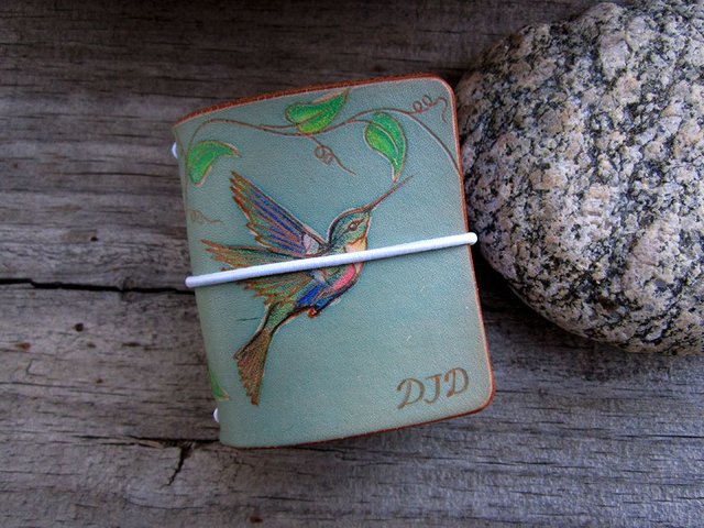 Hummingbird Pyrography and Dye Mini Leather Travelers Notebook 1c.jpg